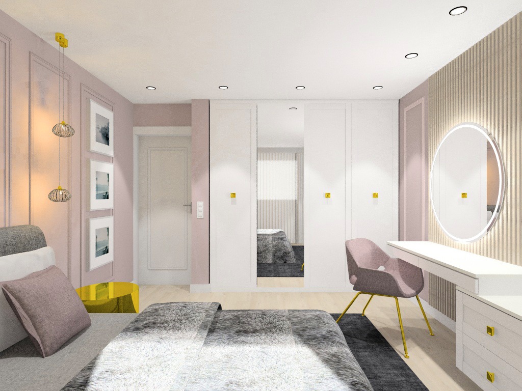 Jasna sypialnia z łóżkiem w odcieniach szarości, toaletką z okrągłym lustrem podświetlanym LED, różowym krzesłem na złotych nogach oraz szafą z lustrzanymi drzwiami.