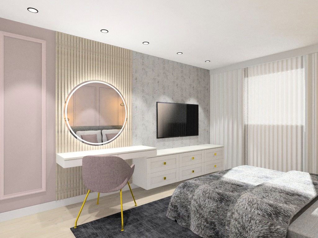Nowoczesna sypialnia z toaletką z podświetlanym lustrem, białymi meblami z złotymi uchwytami, telewizorem na ścianie i łóżkiem z szarą narzutą.