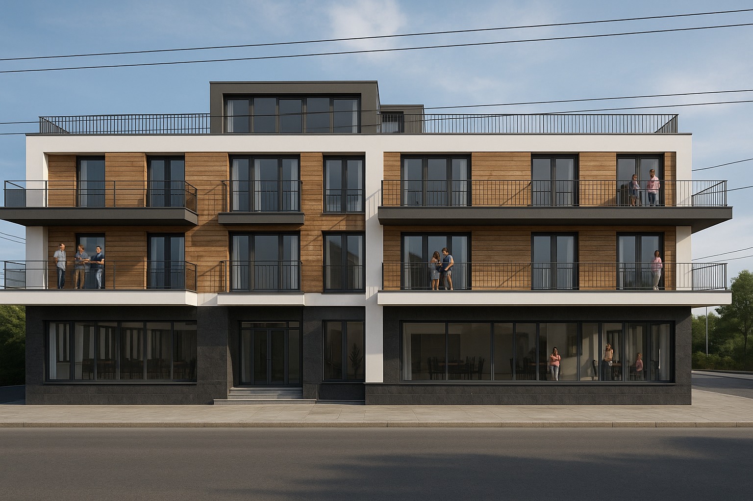 Wizualizacja budynku mieszkalno-usługowego z drewnianą elewacją, balkonami z czarnymi balustradami i dużymi oknami. Na balkonach i wewnątrz budynku widoczne osoby.