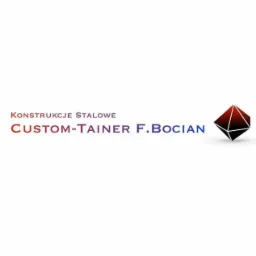 Logo firmy Custom-Tainer F. Bocian z napisem Konstrukcje Stalowe i abstrakcyjnym symbolem geometrycznym w kolorach czerwieni i czerni.