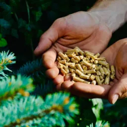 Dłonie trzymające garść pelletu na tle gałązek świerku, widoczne detale struktury pelletu i faktury skóry dłoni.