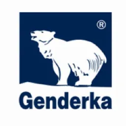 Logo firmy Genderka z białym niedźwiedziem na granatowym tle, zarejestrowany znak towarowy.