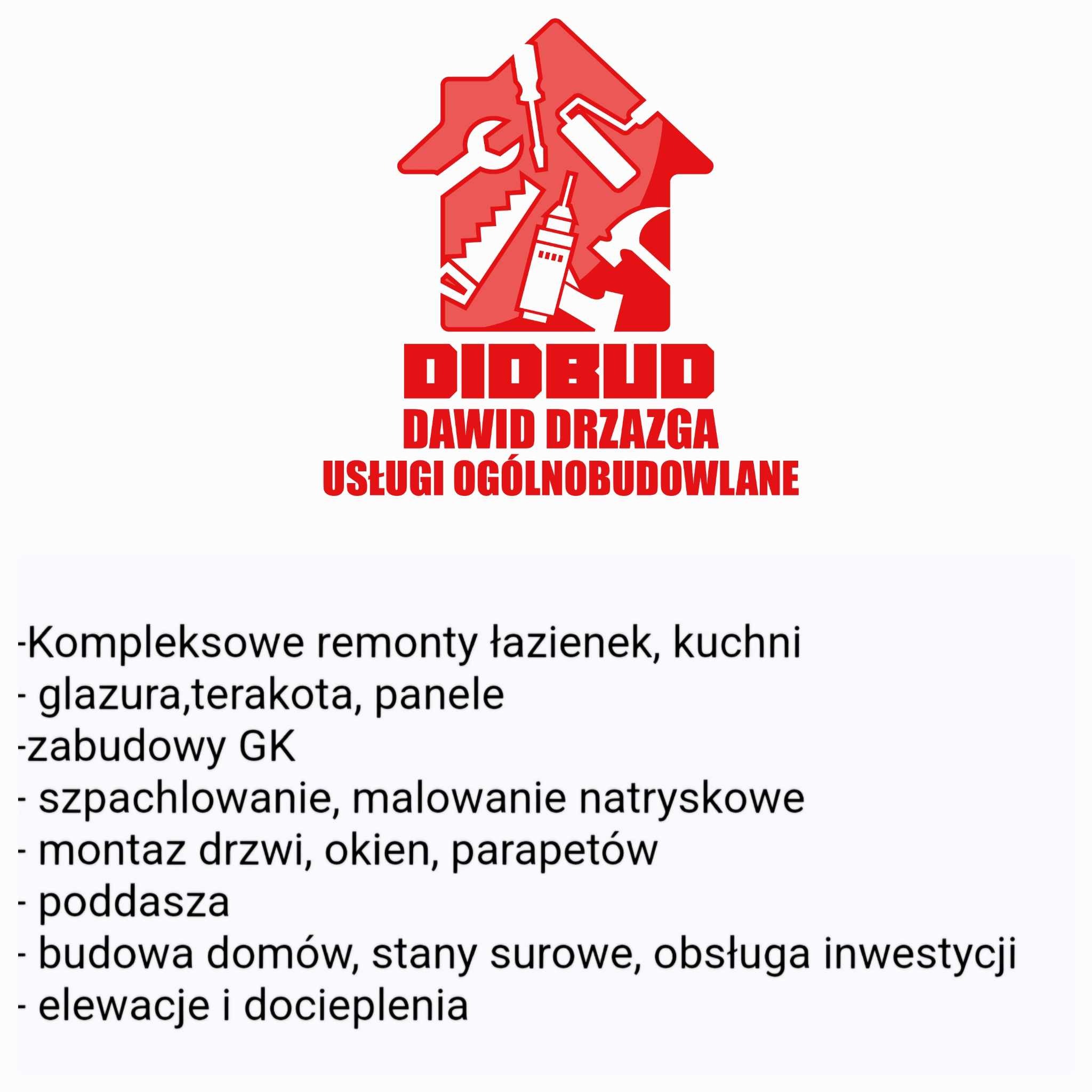 Logo firmy DIDBUD Dawid Drzazga, prezentujące narzędzia budowlane w obrysie domu i listę usług ogólnobudowlanych.