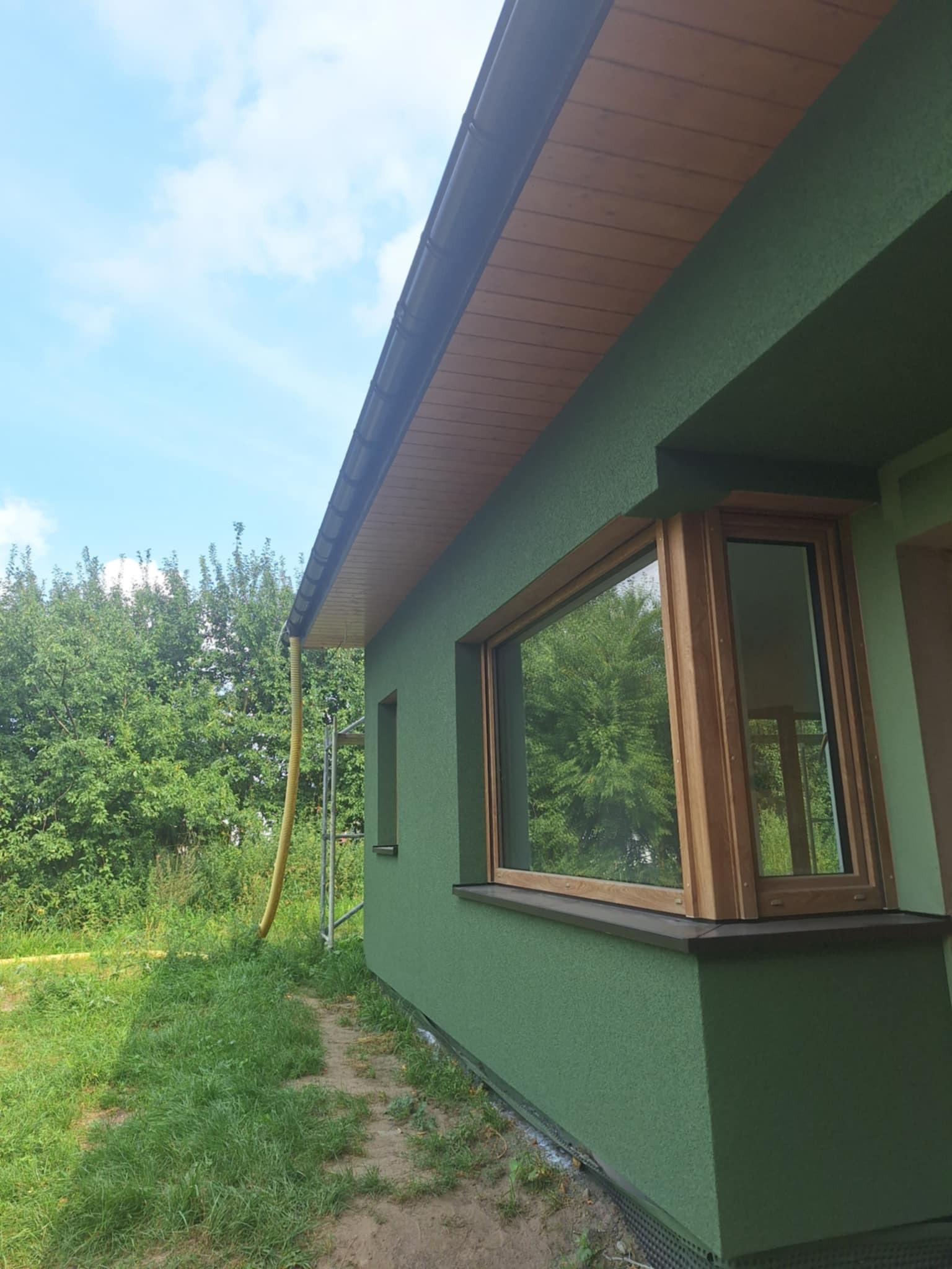 Ściana budynku z zielonym tynkiem, drewnianą stolarką okienną i rynną, widoczne rusztowanie i trawa