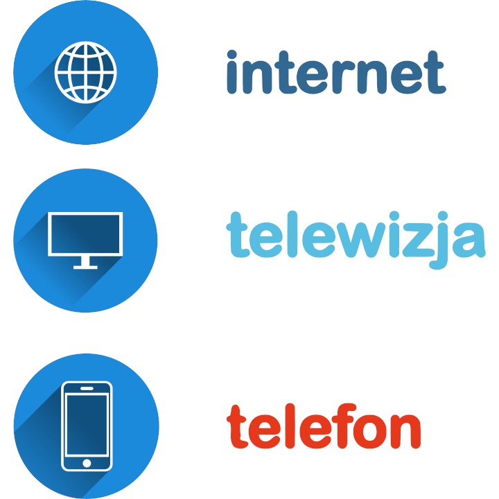 Graficzna reprezentacja usług telekomunikacyjnych: ikona globu, monitora i smartfona obok napisów 'internet', 'telewizja' i 'telefon', na białym tle.