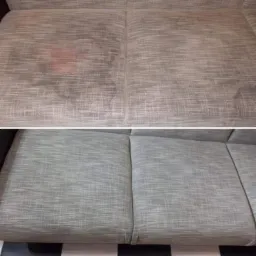 Porównanie: Zabrudzona szara sofa przed i po czyszczeniu, widoczne usunięcie plamy na jednym z siedzisk.