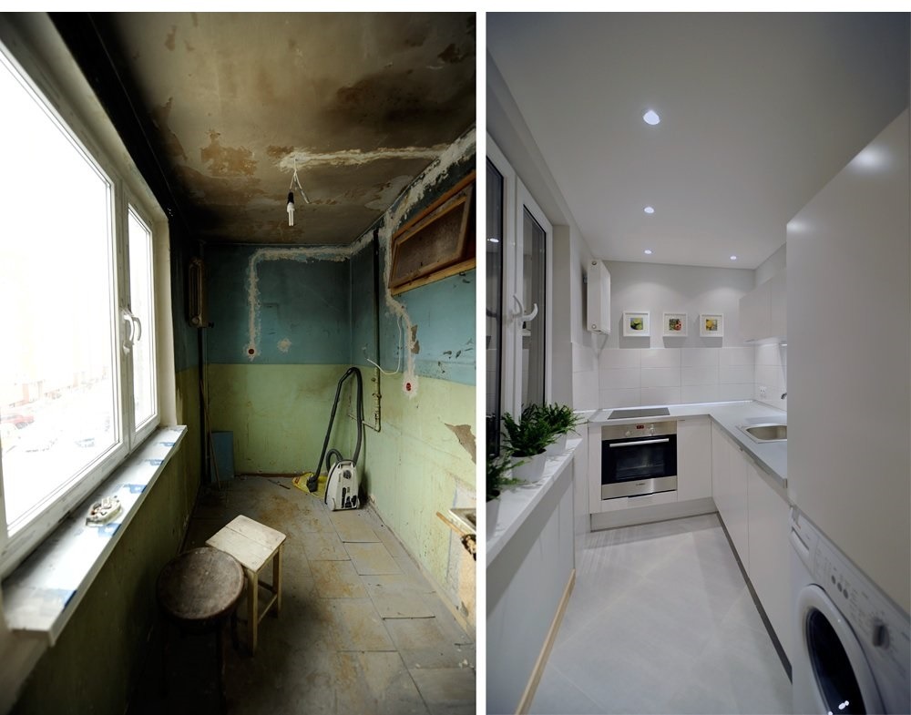 Porównanie balkonu przed i po: zaniedbana przestrzeń z brudnymi ścianami, starą podłogą i prowizorycznym oświetleniem zestawiona z nowoczesną, jasną kuchnią z białymi meblami, wbudowanym sprzętem...