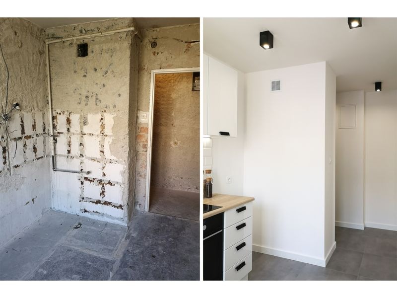 Porównanie stanu kuchni przed i po remoncie: surowe ściany z instalacjami kontra minimalistyczne białe ściany, szare płytki podłogowe i zabudowa kuchenna z drewnianym blatem i czarnymi akcentami.