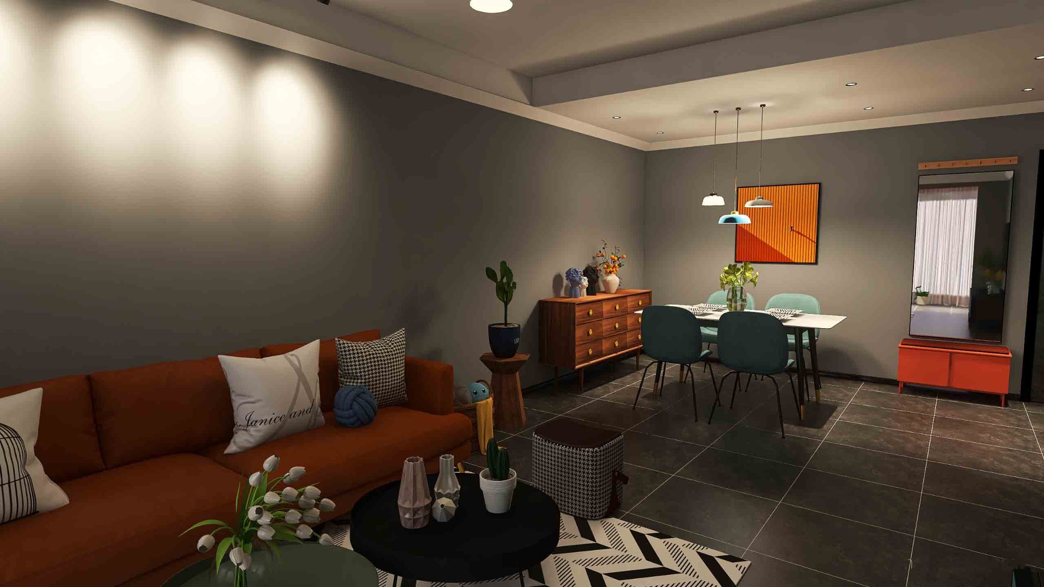 Wizualizacja wnętrza salonu z pomarańczową sofą, stolikiem kawowym, jadalnią z turkusowymi krzesłami i komodą z dekoracjami, oświetlonego trzema lampami wiszącymi.