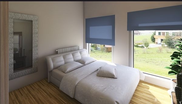 Wizualizacja sypialni z łóżkiem z tapicerowanym zagłówkiem, roletami w oknach i dużym lustrem w ozdobnej ramie, widok na zielony ogród za oknem.