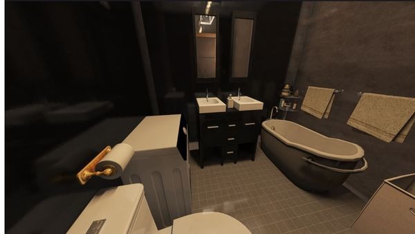 Nowoczesna łazienka z czarnymi ścianami, wanną na nóżkach, podwójną umywalką z szafką i toaletą z pralką obok, uchwyt na papier toaletowy w kolorze złotym.