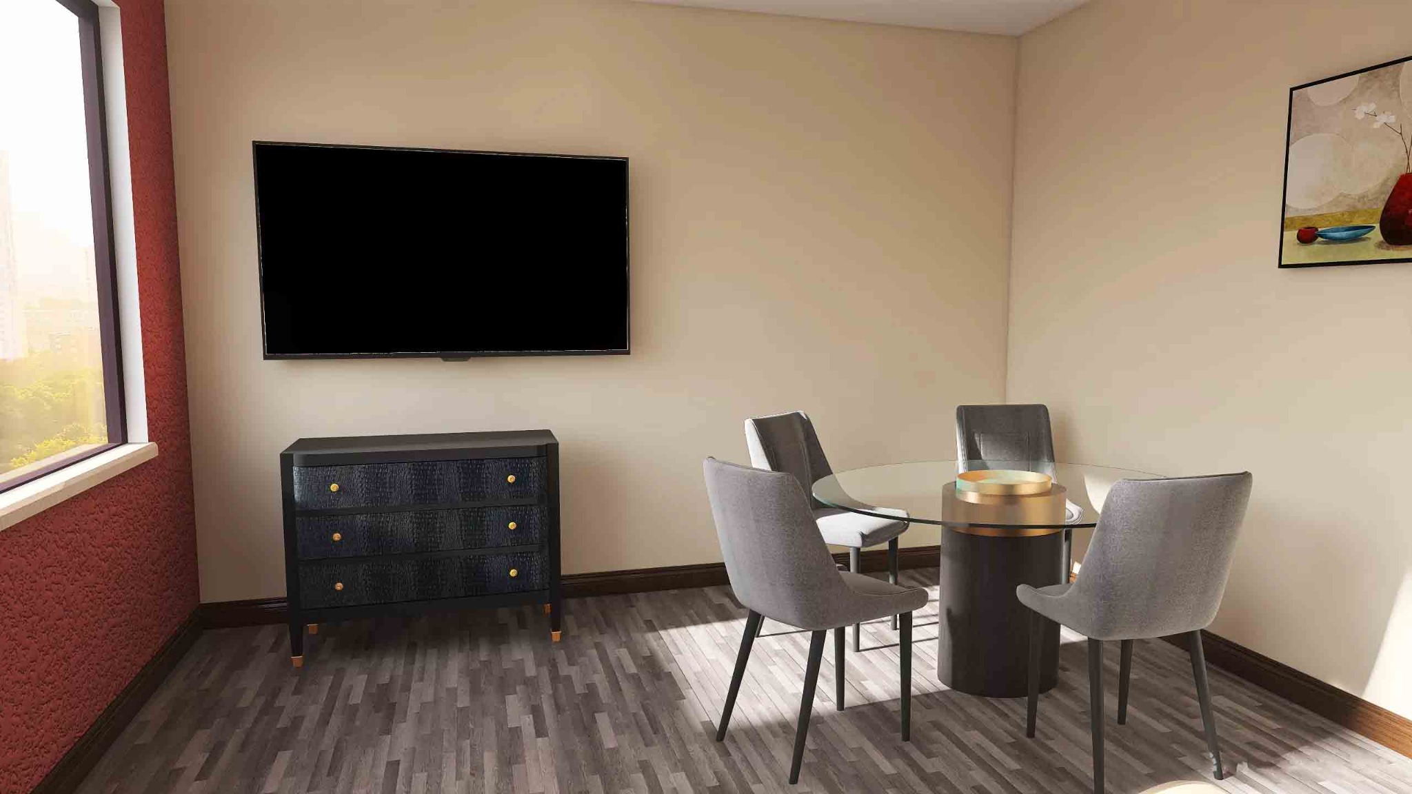 Telewizor na ścianie nad czarną komodą z fakturą skóry, okrągły szklany stół z szarymi krzesłami w jasnym pokoju.