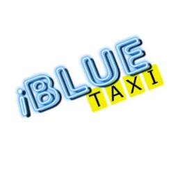 Stylizowany neonowy napis 'iBLUE TAXI' na białym tle, litery TAXI umieszczone na żółtych kwadratach.