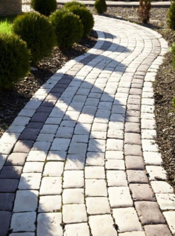 Zakrzywiony chodnik z kostki brukowej w odcieniach szarości i bieli, otoczony niskimi, kulistymi krzewami i korą.