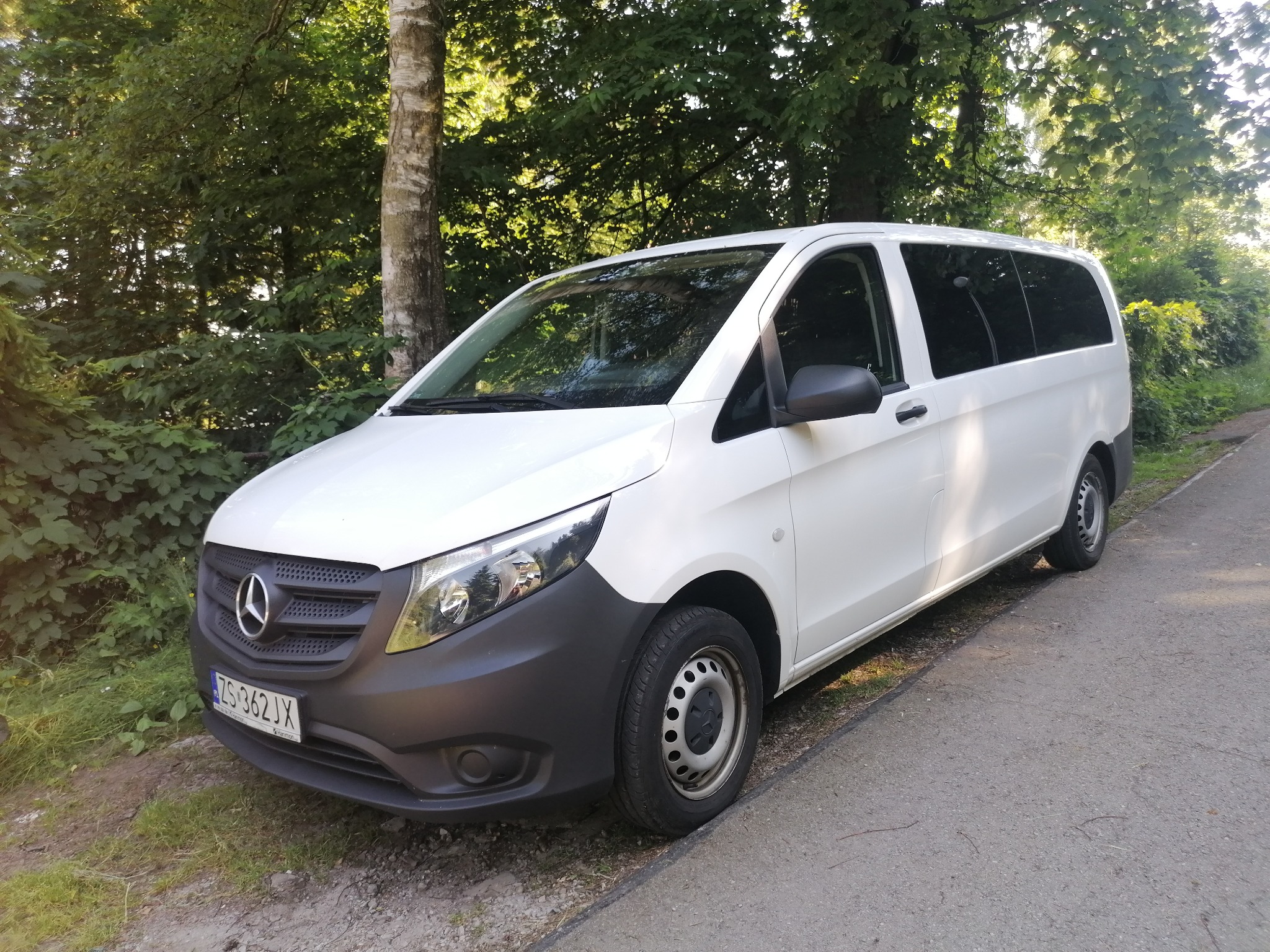Biały Mercedes Vito zaparkowany na poboczu drogi, widok z przodu, z widoczną tablicą rejestracyjną i drzewami w tle.