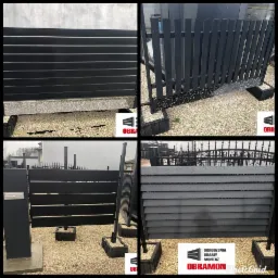 Kompozycja czterech ujęć: poziome panele ogrodzeniowe, pionowe sztachety, fragment ogrodzenia kutego i słupek z metalową skrzynką na listy, całość na żwirowym podłożu.