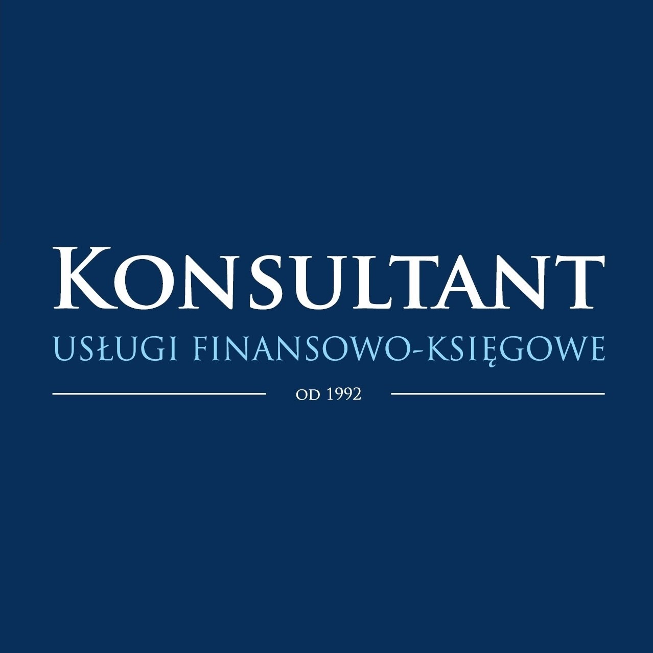 Logo firmy 'Konsultant' świadczącej usługi finansowo-księgowe od 1992 roku, na ciemnoniebieskim tle.