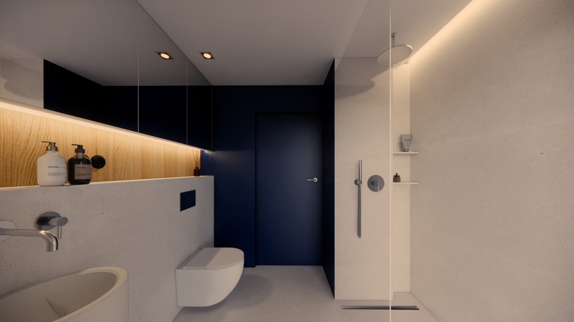 Nowoczesna łazienka z kabiną prysznicową typu walk-in, umywalką nablatową i podświetlanym lustrem. Dominują biel, drewno i granat, tworząc minimalistyczny, elegancki wystrój.