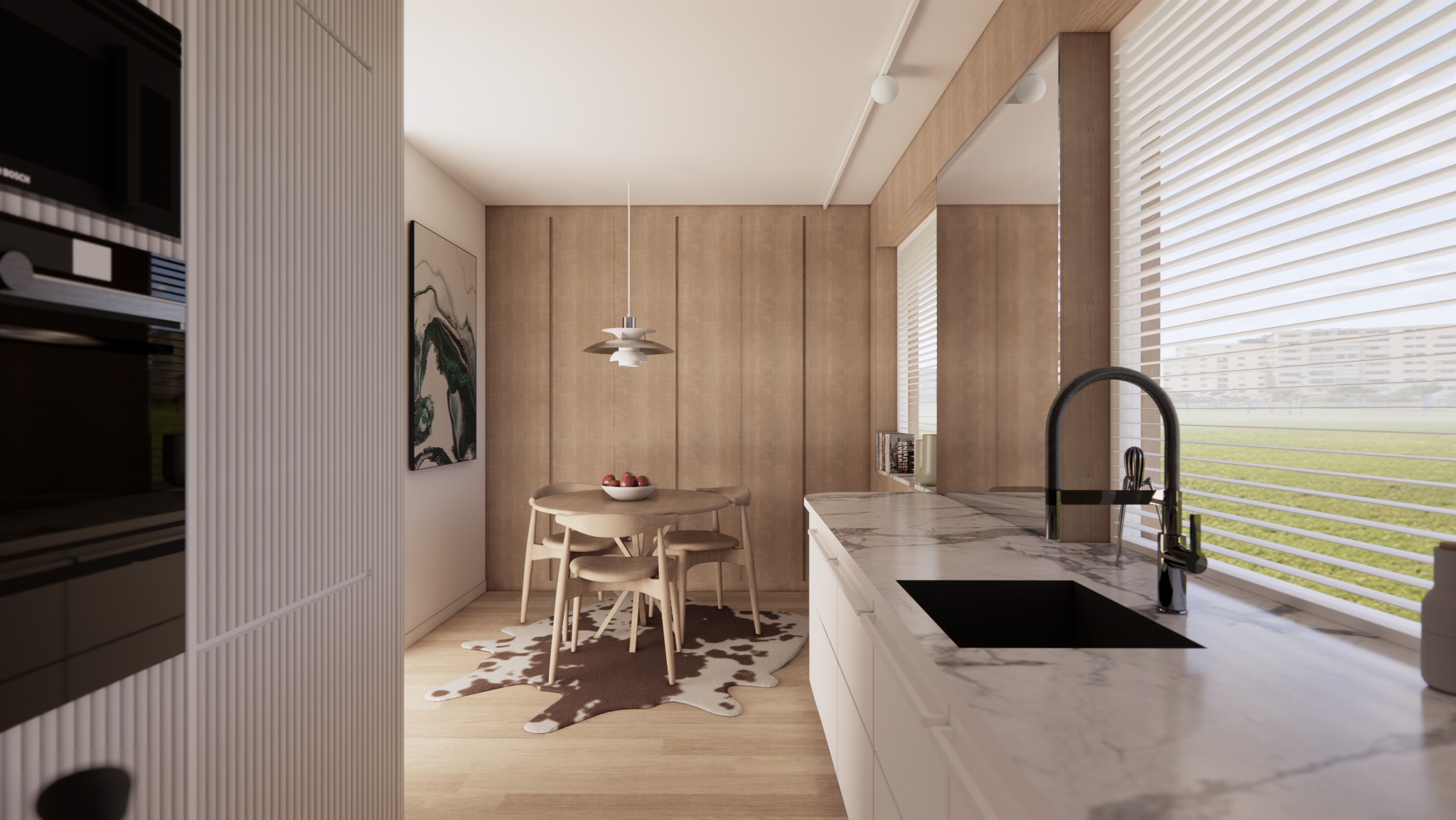 Jasna kuchnia z drewnianymi panelami, okrągłym stołem i marmurowym blatem. Widok na zewnątrz przez żaluzje. Minimalistyczny design z akcentem w postaci dywanu w kształcie krowy.