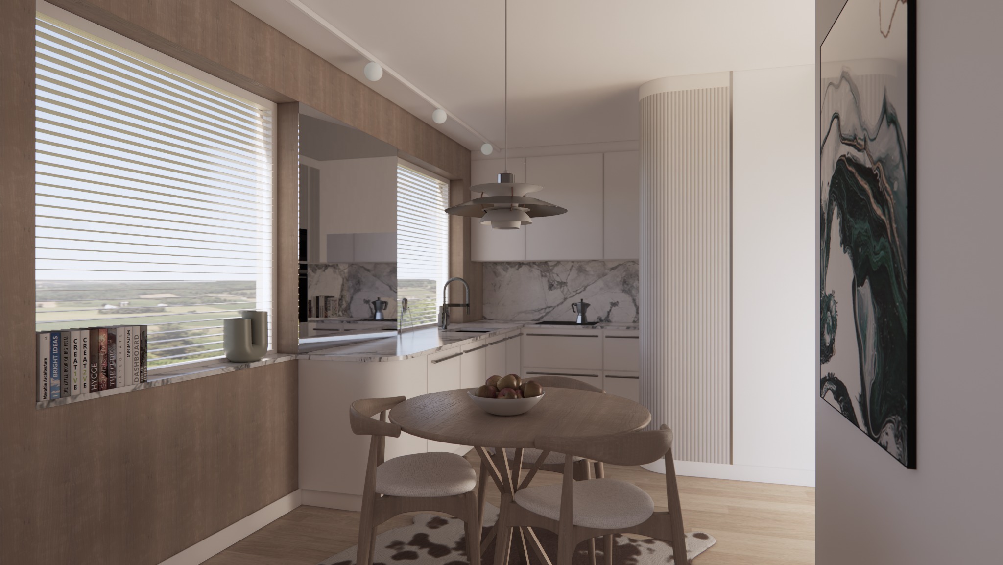 Jasna kuchnia z marmurowym blatem i okrągłym stołem z owocami. Widok na krajobraz za oknem z żaluzjami. Obraz na ścianie dodaje charakteru.