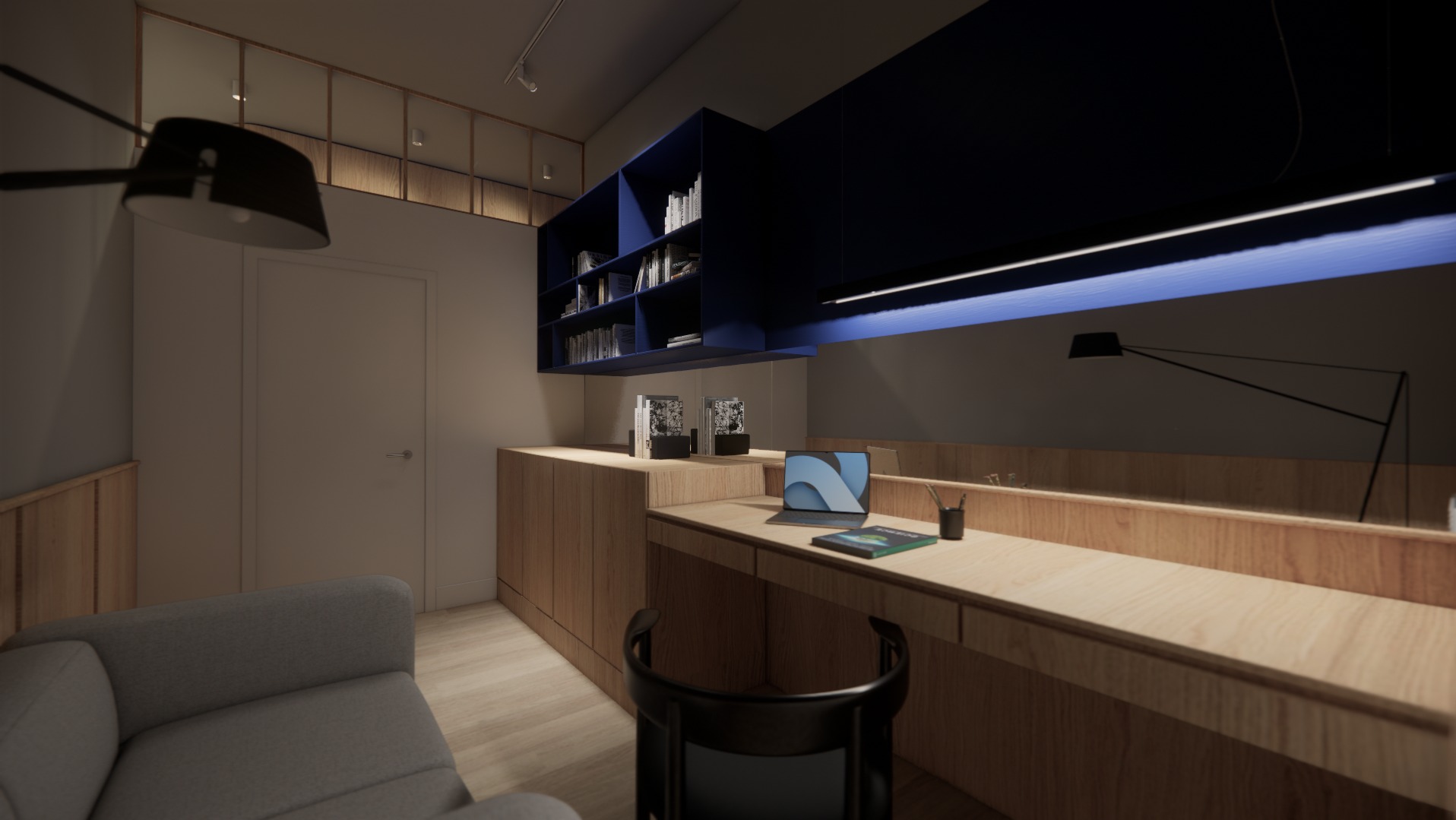 Nowoczesny pokój do pracy z biurkiem z drewna, niebieskimi półkami i szarą sofą. Minimalistyczny design z lampą podłogową i oświetleniem LED.