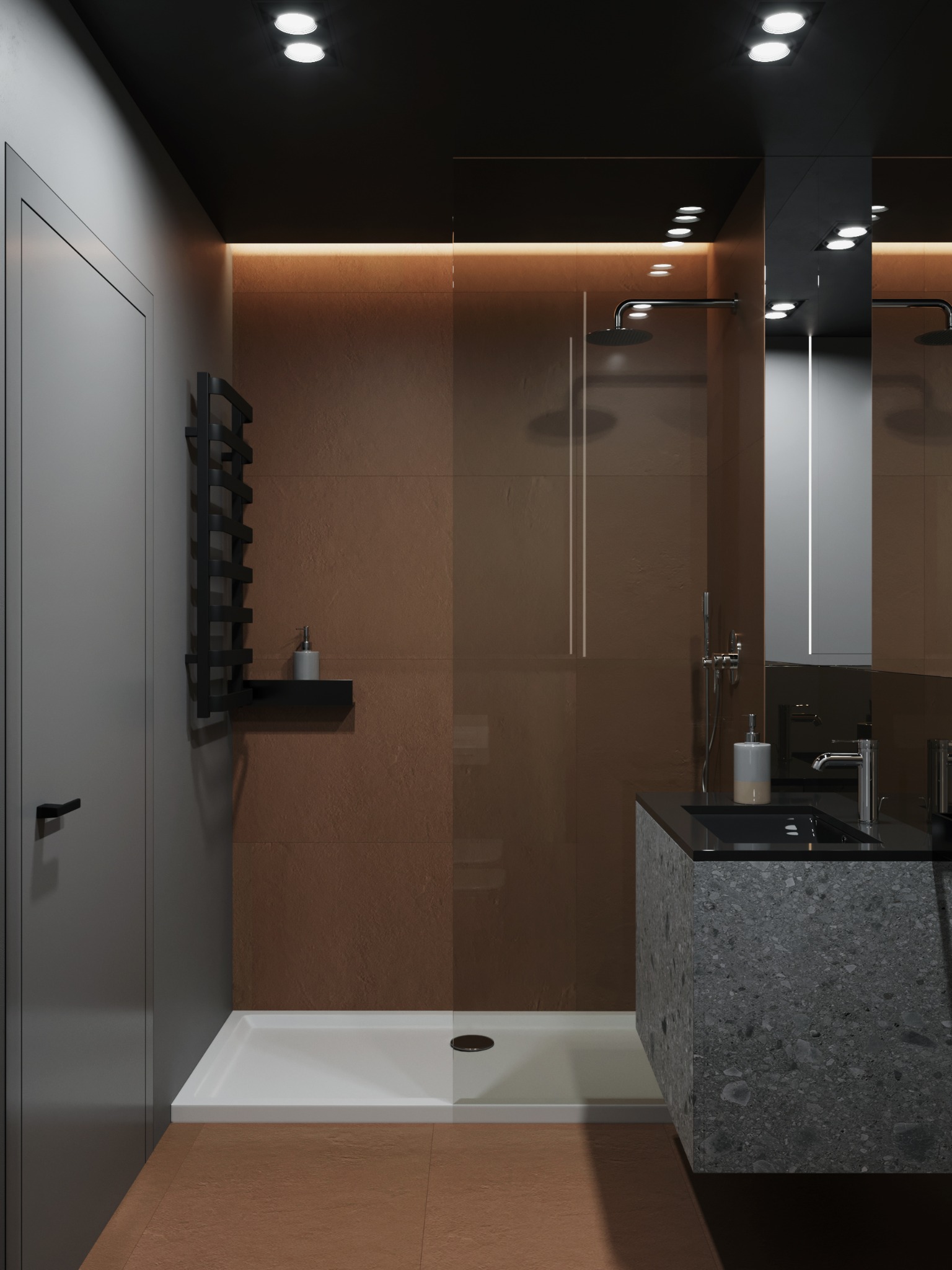 Nowoczesna łazienka z kabiną prysznicową typu walk-in, umywalką z blatem z lastryko i grzejnikiem drabinkowym. Ciepłe oświetlenie podkreśla brązowe płytki.