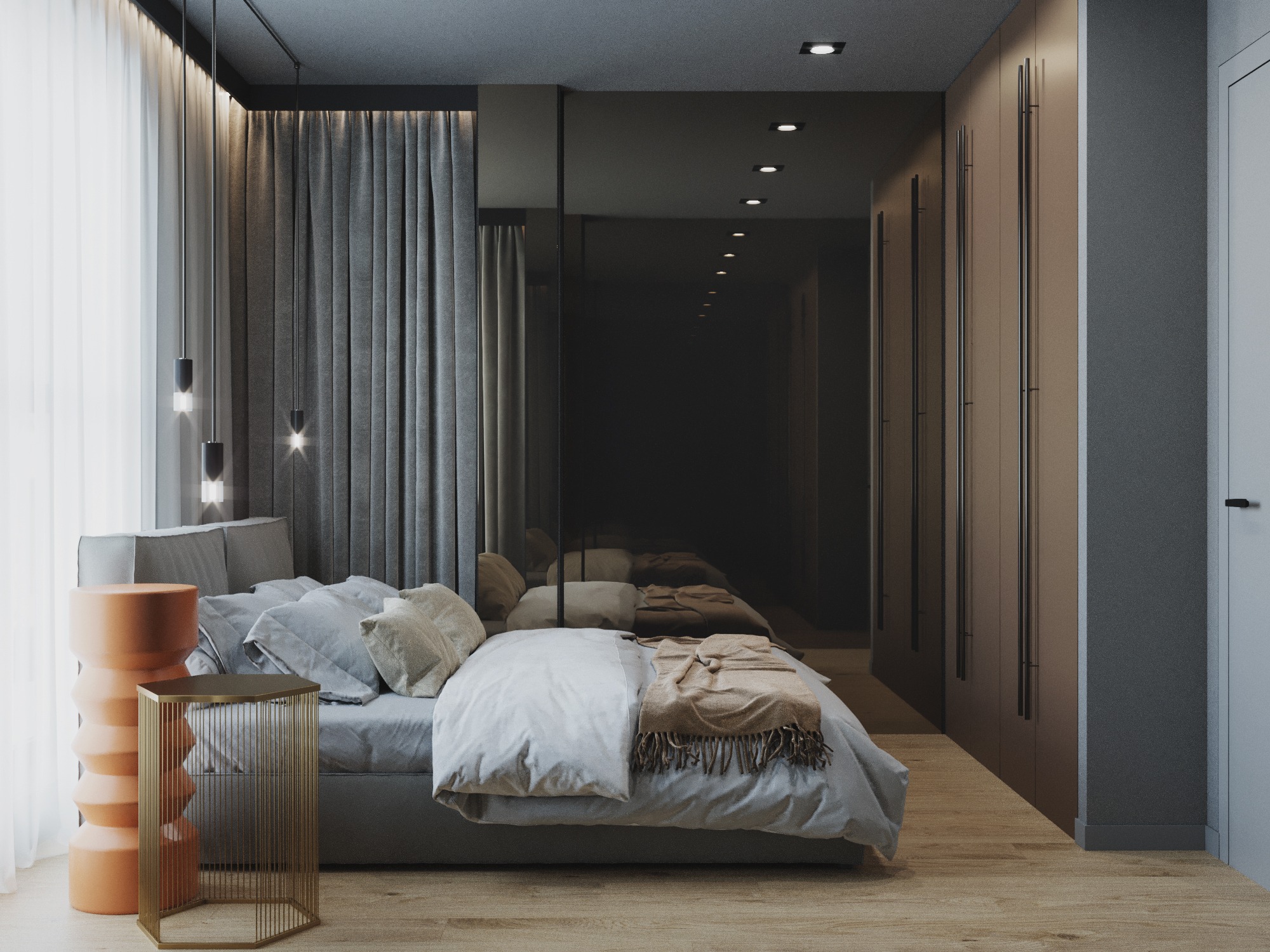 Nowoczesna sypialnia z łóżkiem, stolikiem nocnym i szafą w zabudowie. Uwagę przykuwają minimalistyczne lampy wiszące i lustrzana ściana.