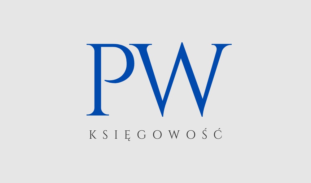 Eleganckie logo firmy księgowej PW z napisem 'KSIĘGOWOŚĆ' w kolorze ciemnoniebieskim na jasnoszarym tle. Minimalistyczny design.