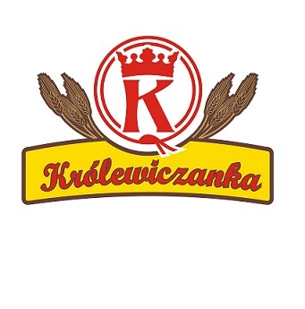 Logo firmy Królewiczanka z czerwoną literą K w koronie otoczoną kłosami zboża na białym tle.
