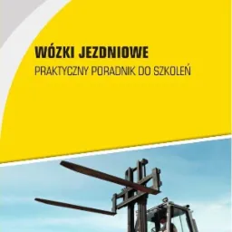Okładka poradnika do szkoleń z zakresu wózków jezdniowych, z ilustracją wózka widłowego na tle błękitnego nieba.