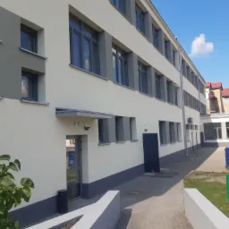 Odnowiona elewacja budynku z szarymi akcentami okiennymi, widoczna z boku, z fragmentem zieleni w kadrze i niebieskim kontenerem w tle.