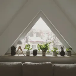 Trójkątne okno na poddaszu z rzędem doniczkowych roślin i lampką na parapecie, widok na zabudowę miejską w tle.