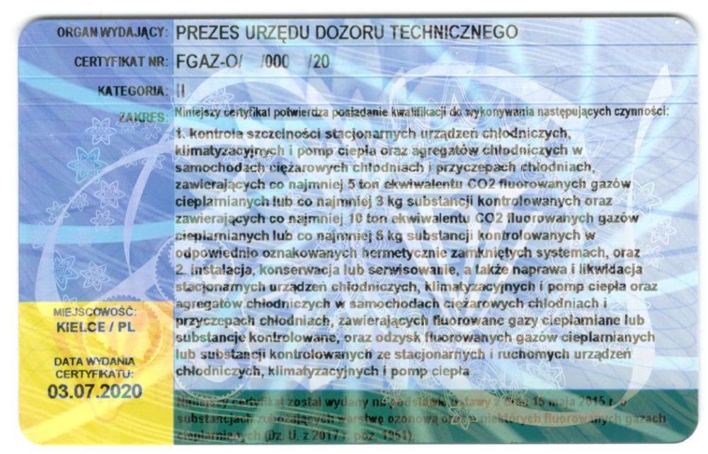 Skan certyfikatu FGAZ-O/1000/20 wydanego przez Prezesa Urzędu Dozoru Technicznego w Kielcach dnia 03.07.2020, potwierdzającego kwalifikacje do kontroli szczelności, instalacji, konserwacji...