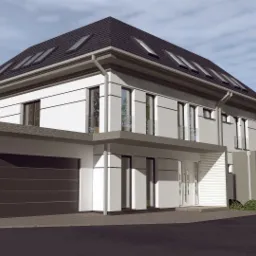 Wizualizacja nowoczesnego, dwukondygnacyjnego domu z garażem, czarnym dachem z oknami połaciowymi i jasną elewacją, otoczonego zielenią.