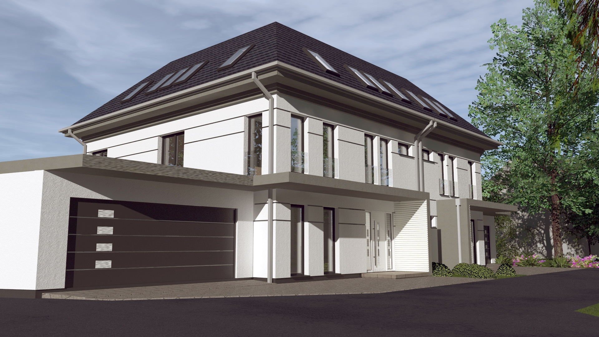 Wizualizacja nowoczesnego, dwukondygnacyjnego domu z garażem, czarnym dachem z oknami połaciowymi i jasną elewacją, otoczonego zielenią.
