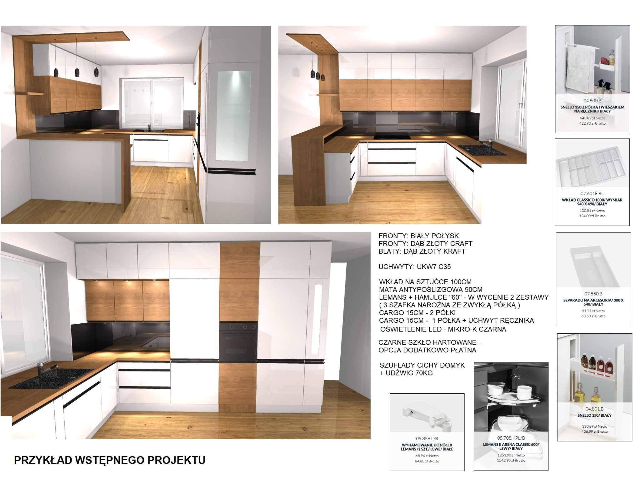 Przykład Wstępnego Projektu Aranżacji Kuchni z Proponowanymi Rozwiązaniami Materiałowymi.