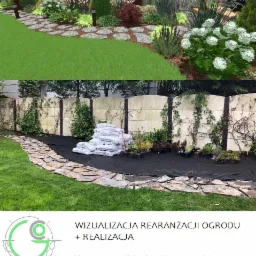 Porównanie wizualizacji ogrodu z jego realizacją: górna część to render z bujną roślinnością i ścieżką z kamieni, dolna część przedstawia etap prac z workami ziemi i rozłożoną agrowłókniną wzdłuż...