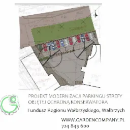 Plan modernizacji parkingu z zielenią, widok z góry, z zaznaczonymi miejscami parkingowymi i trawnikiem, projekt w obszarze ochrony konserwatorskiej.