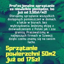 Grafika reklamowa firmy sprzątającej Mon-Clean, oferującej profesjonalne usługi sprzątania mieszkań, domów i biur w atrakcyjnych cenach, z doświadczeniem zdobytym w Polsce i Szwecji, kontakt...
