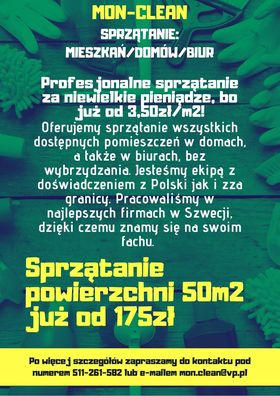 Grafika reklamowa firmy sprzątającej Mon-Clean, oferującej profesjonalne usługi sprzątania mieszkań, domów i biur w atrakcyjnych cenach, z doświadczeniem zdobytym w Polsce i Szwecji, kontakt...