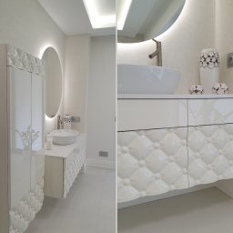 MAGNIFIKA Autorska Pracownia Projektowa - Łazienka z frezowanymi meblami w wykończeniu na wysoki połysk.