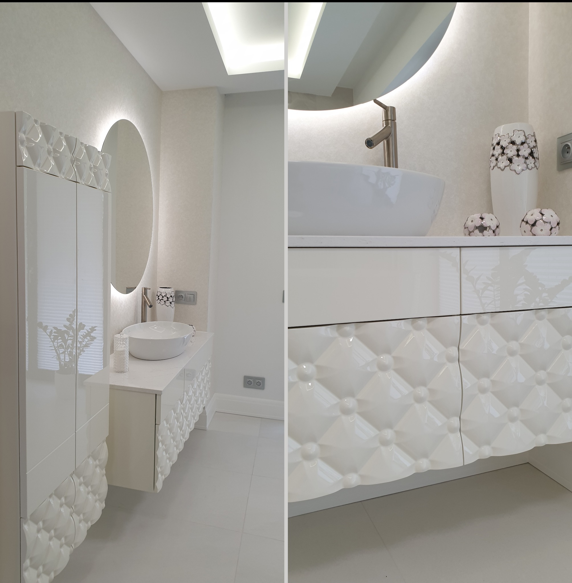 Łazienka z frezowanymi meblami w wykończeniu na wysoki połysk.