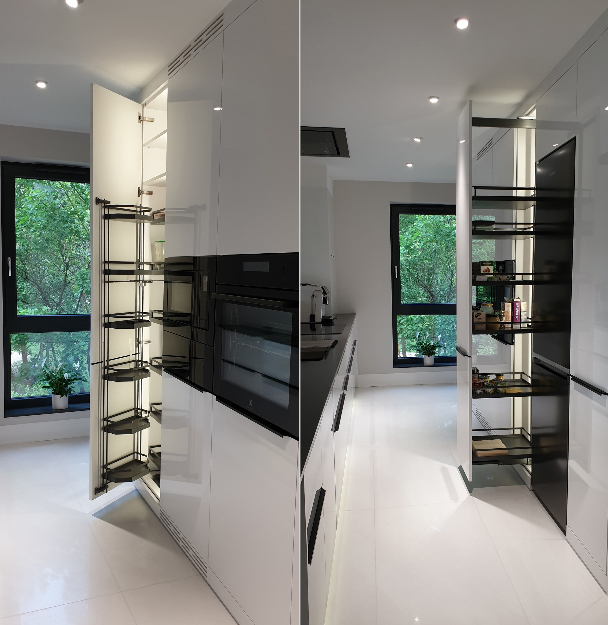 Kuchnia, wysoka zabudowa z wysokimi systemami organizacji przechowywania.