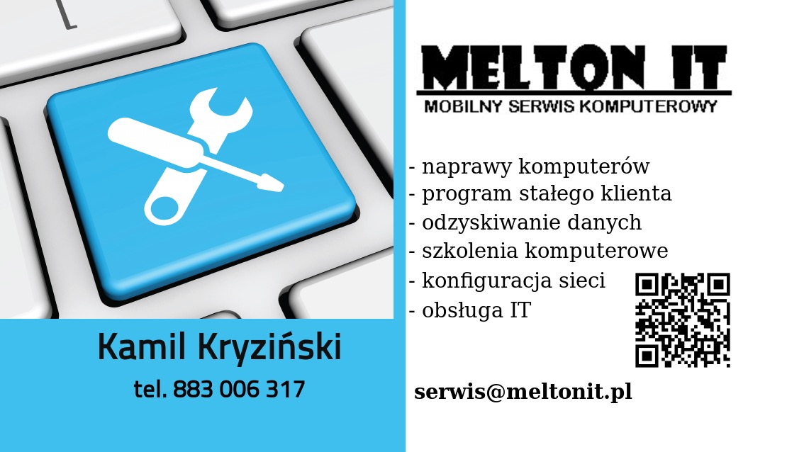 Wizytówka firmy Melton IT: klawisz klawiatury z ikoną narzędzi serwisowych, dane kontaktowe, lista usług i kod QR.