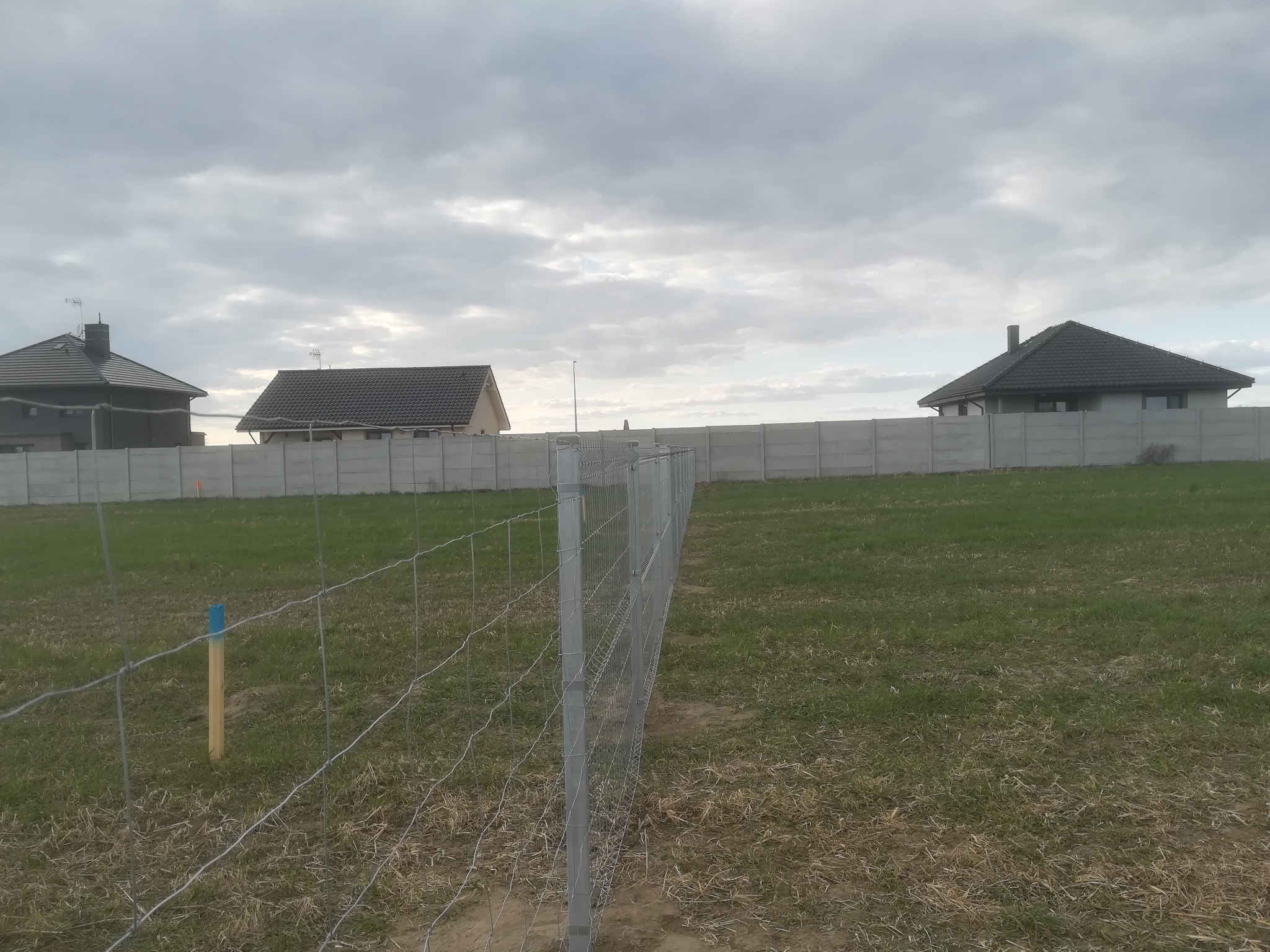 Rozciągnięta siatka ogrodzeniowa wzdłuż granicy działki z widocznymi słupkami i betonowym ogrodzeniem w tle, pochmurne niebo.