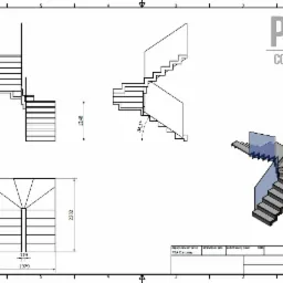 Rzut techniczny schodów spiralnych z wymiarami, widok z góry, z boku i w perspektywie, z zaznaczoną wysokością i kątem nachylenia, w prawym górnym rogu logo firmy P&A Company.