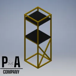 Wizualizacja 3D kwietnika z metalową ramą w kolorze złotym i dwoma czarnymi półkami, prezentowana na szarym tle.