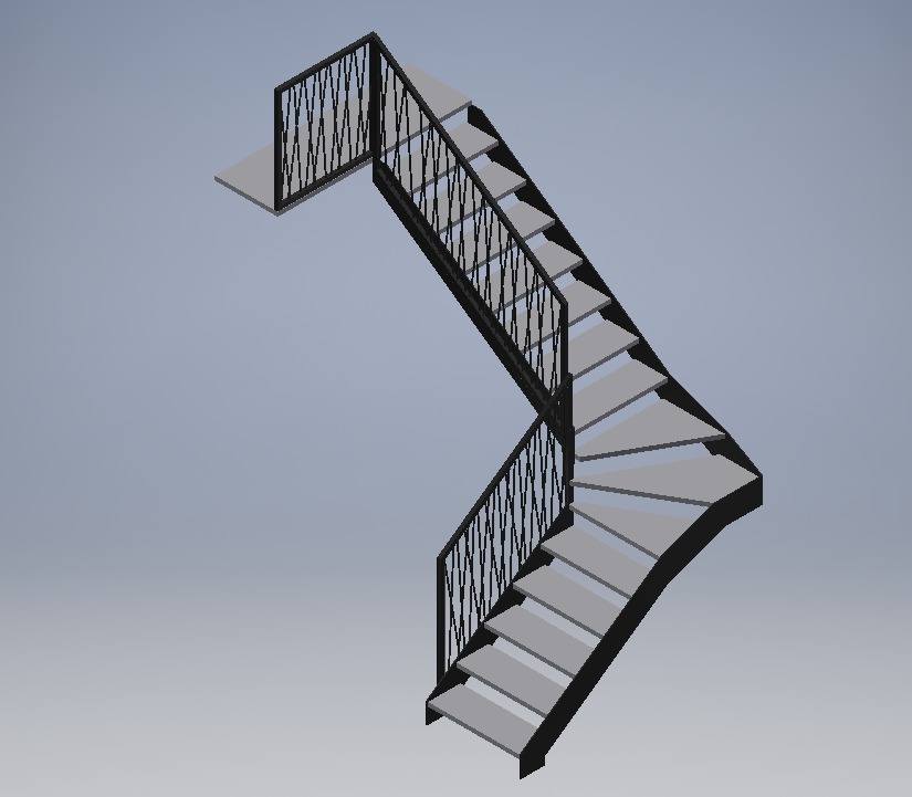 Wizualizacja 3D schodów spiralnych z metalową balustradą o prostym wzorze, widok z góry na szarym tle.