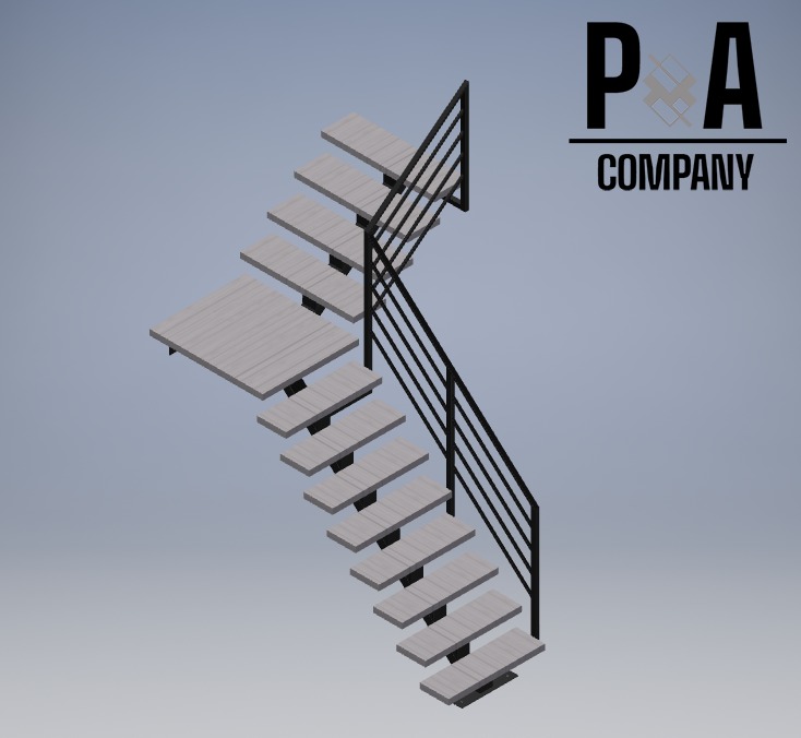 Wizualizacja schodów z drewnopodobnymi stopniami i czarną, minimalistyczną balustradą, na szarym tle, z widocznym logo firmy w prawym górnym rogu.