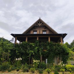 Usługi Stolarskie Oskar Pietras - Drewniany dom z poddaszem i zadaszonym tarasem, porośniętym zielenią. Widok z dołu na budynek z dekoracyjnym szczytem i drewnianymi okiennicami. W tle pochmurne niebo.